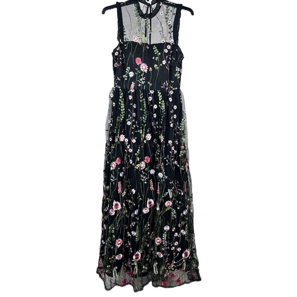 City Studio Juniors Ladies Black Floral Embroidered Ruffle Trim Maxi Dress Sz 13 - Picture 2 of 11